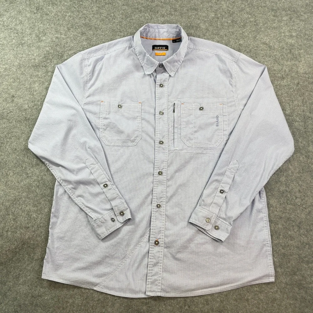 Orvis Mens Shirt L Blue Gingham Long Sleeve Active Fit Flat Front Fishing Hemp - Picture 2 of 16